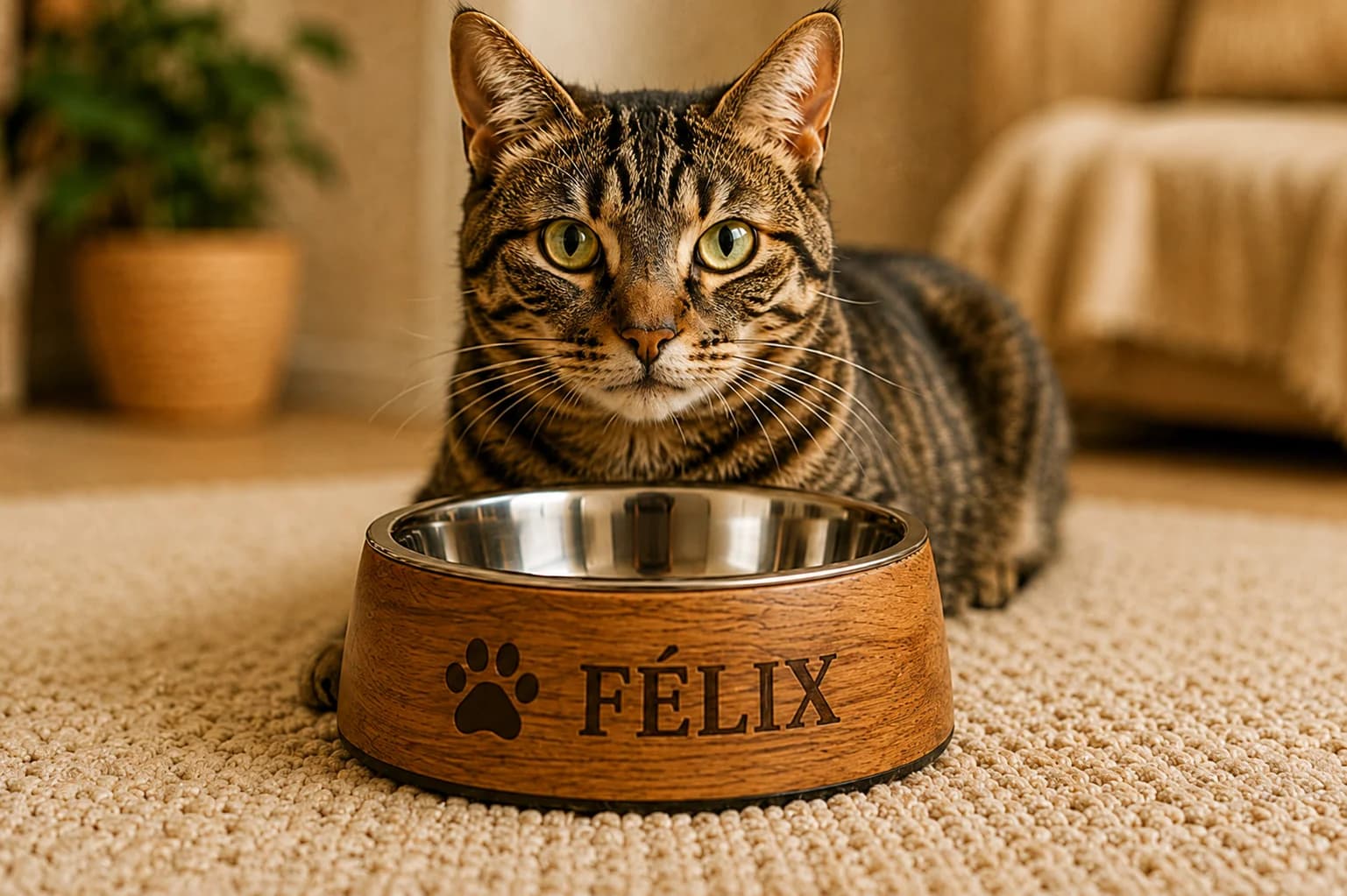 Gamelle chat gravée personnalisée avec chat tigré