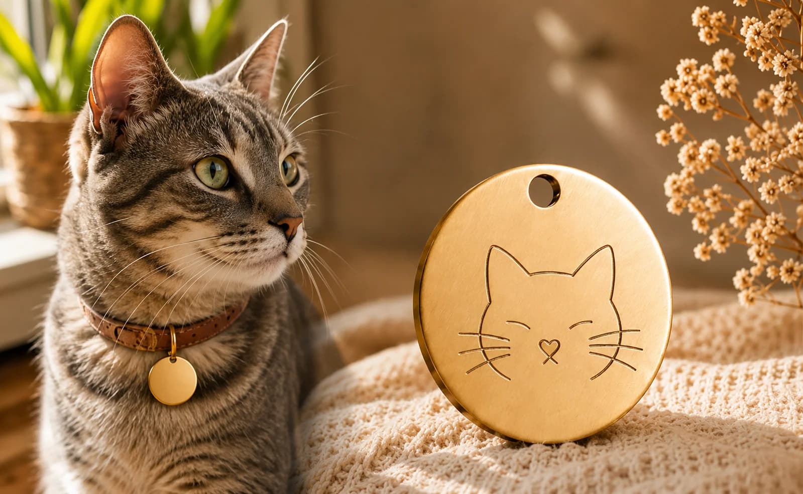 Chat tigré portant un médaillon gravé chat rond doré au collier
